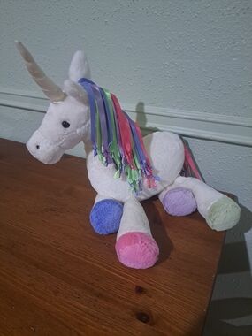 White Jellycat Plush Unicorn with Pastel Ribbon Mane